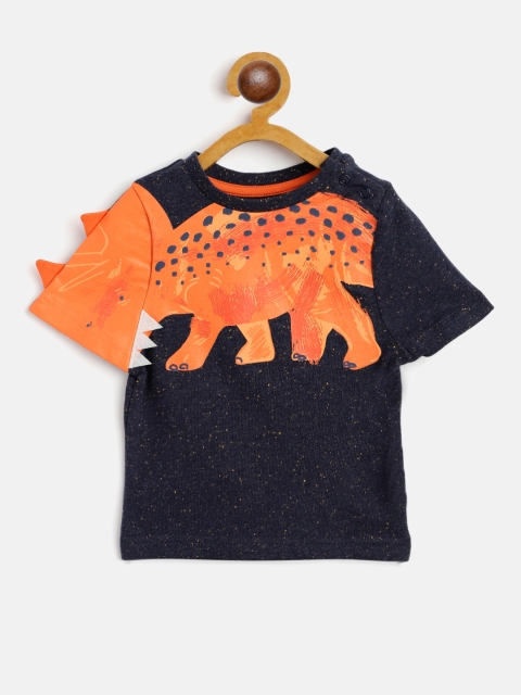 

mothercare Boys Navy Blue & Orange Cotton Dinosaur Print Round Neck T-shirt