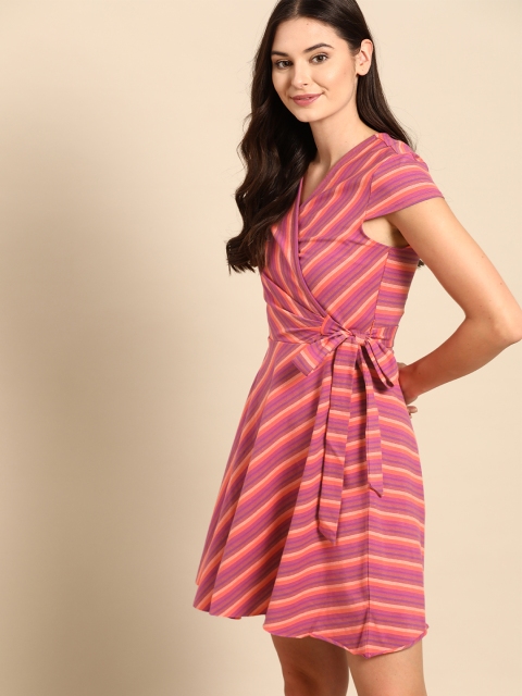 

United Colors of Benetton Women Coral Orange & Purple Pure Cotton Striped Wrap Dress