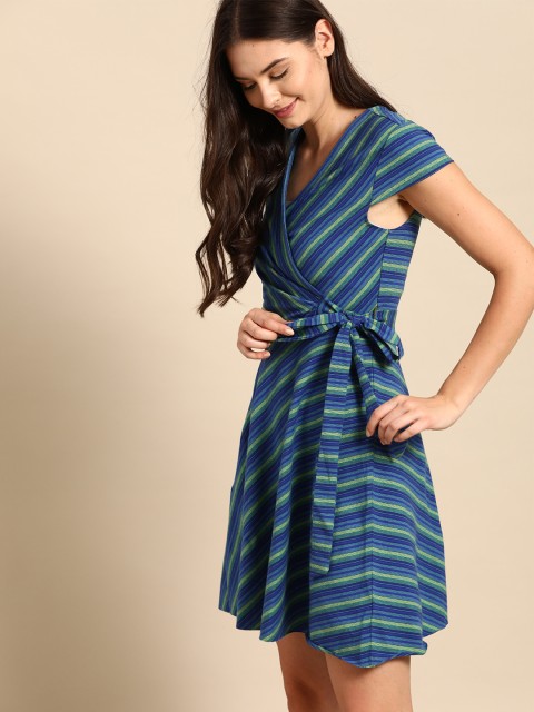 

United Colors of Benetton Women Blue & Green Pure Cotton Striped Wrap Dress