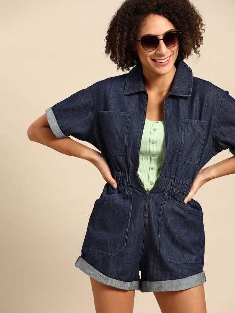 

United Colors of Benetton Women Navy Blue Solid Denim Playsuit