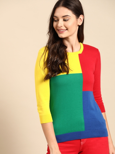 

United Colors of Benetton Women Green & Blue Pure Cotton Colourblocked Pullover