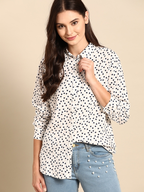 

United Colors of Benetton Women White & Navy Blue Printed Casual Shirt