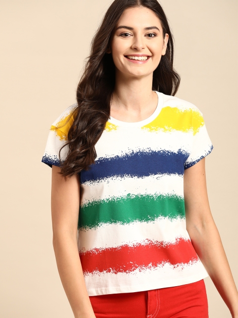 

United Colors of Benetton Women Multi-Coloured Striped Pure Cotton Round Neck T-shirt