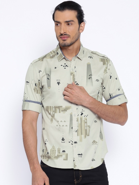 

Locomotive Light Olive Green Printed Casual Shirt