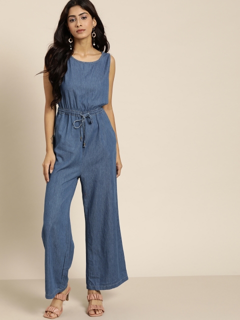 

all about you Blue Solid Chambray Pure Cotton Basic Jumpsuit