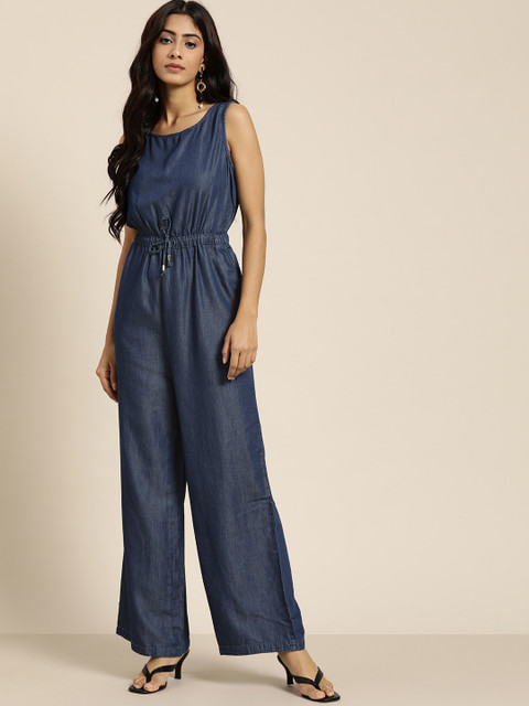 

all about you Navy Blue Solid Chambray Pure Cotton Basic Jumpsuit