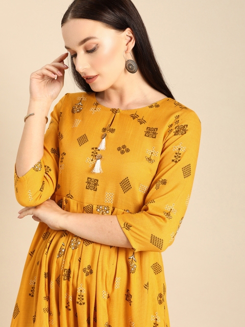 

Anouk Women Mustard Yellow Printed Fit and Flare Dress