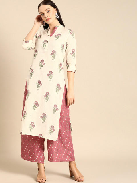 

Anouk Women Off-White & Pink Floral Printed Kurta with Palazzos