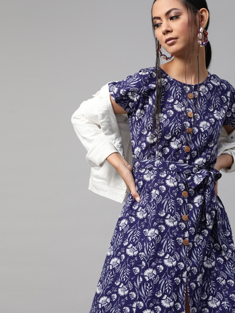 

Shakumbhari Women Navy Blue & White Pure Cotton Printed A-Line Dress