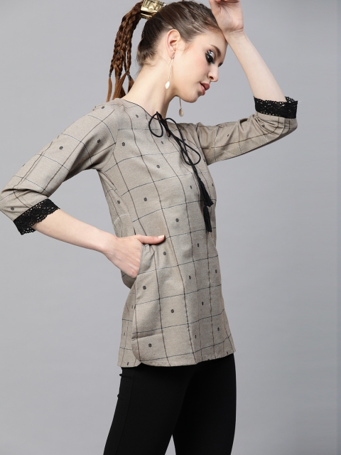 

Shakumbhari Grey & Black Checked Tie-Up Neck Pure Cotton Regular Top
