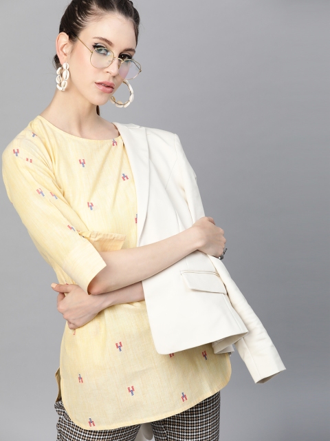 

Shakumbhari Yellow & Red Pure Cotton Self Design Top