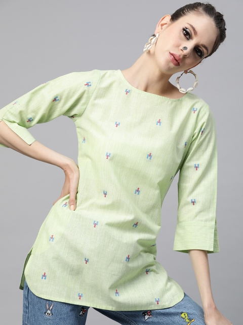 

Shakumbhari Green & Blue Geometric Embroidered Pure Cotton Regular Top