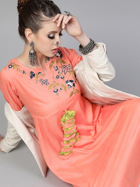 

Shakumbhari Women Peach-Coloured Floral Yoke Design Pure Cotton Thread Work Anarkali Kurta