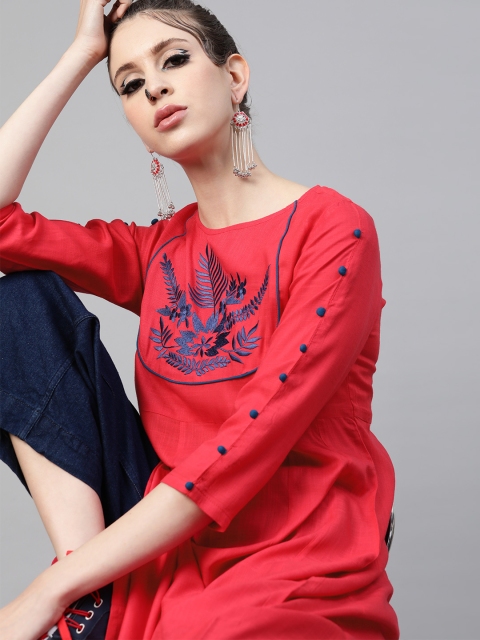 

Shakumbhari Women Red & Navy Blue Floral Yoke Design Pure Cotton Anarkali Kurta