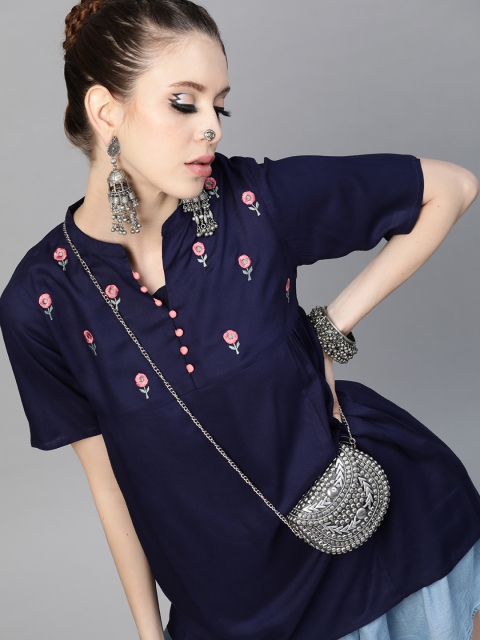 

Shakumbhari Navy Blue & Pink Embroidered Mandarin Collar Regular Top