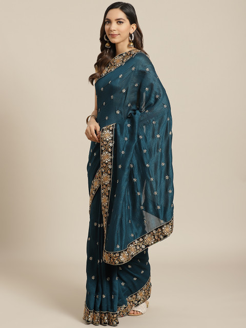 

flaher Teal Blue & Golden Embroidered Saree