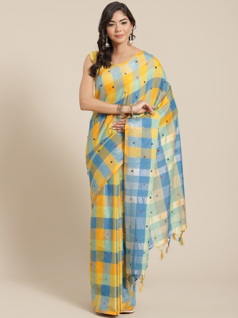 

KALINI Yellow & Blue Mirror Work Checked Saree