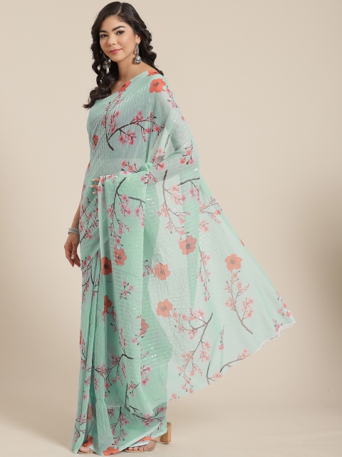 

KALINI Blue Sequinned Floral Print Saree