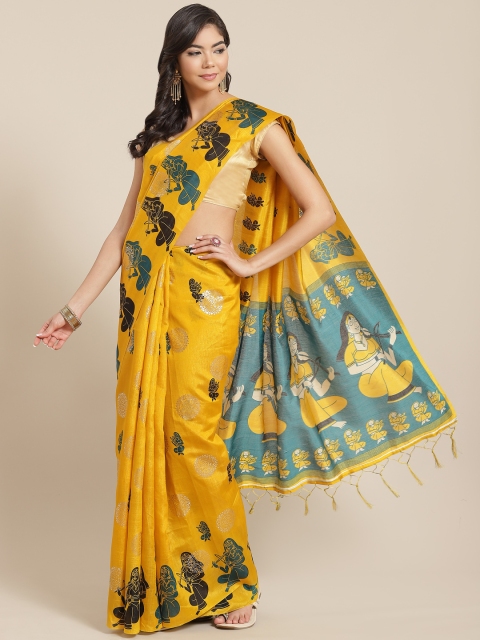 

KALINI Yellow & Teal Blue Printed Saree