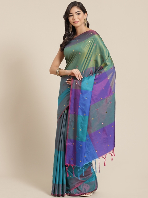 

KALINI Green & Blue Mirror Work Colourblocked Saree