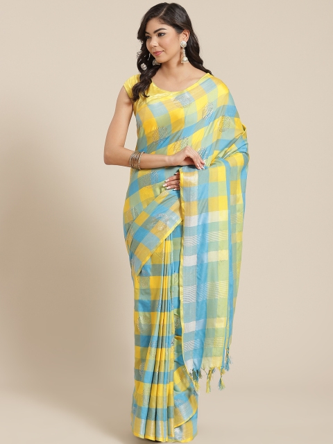 

KALINI Yellow & Blue Zari Checked Saree