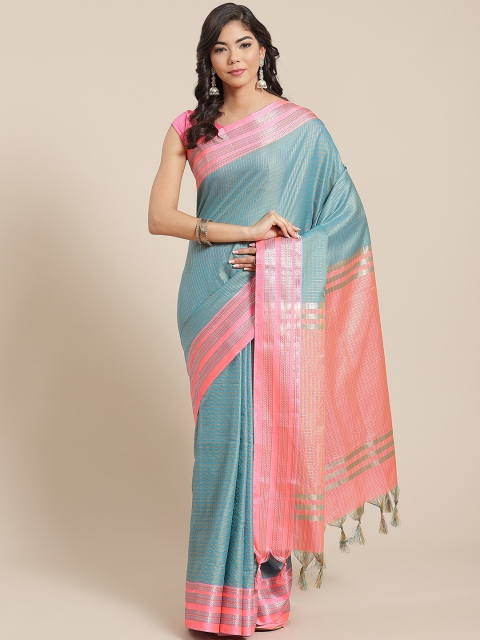 

KALINI Teal Blue & Beige Checked Saree
