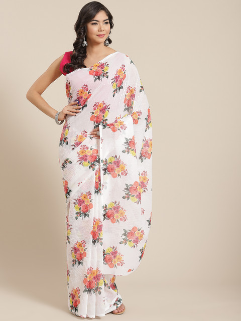 

KALINI White & Orange Floral Sequinned Embellished Saree