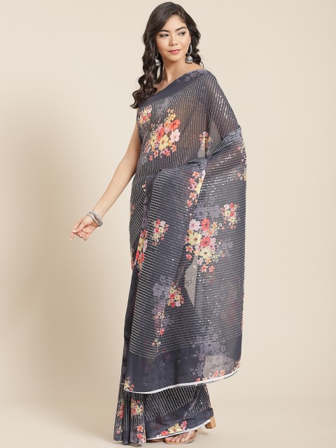 

KALINI Charcoal Grey & Yellow Floral Sequinned Embellished Saree