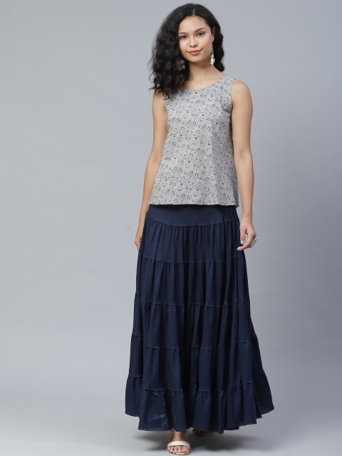 

PINKSKY Women Navy Blue & Grey Printed Pure Cotton Sustainable Top with Maxi Skirt
