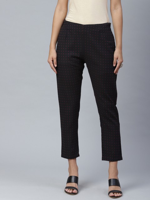 

PINKSKY Women Black & Red Smart Slim Fit Self Design Cropped Sustainable Trousers