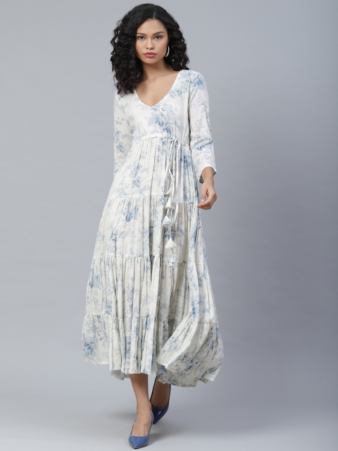 

PINKSKY Women White Printed Cotton Tiered Fit and Flare Dress