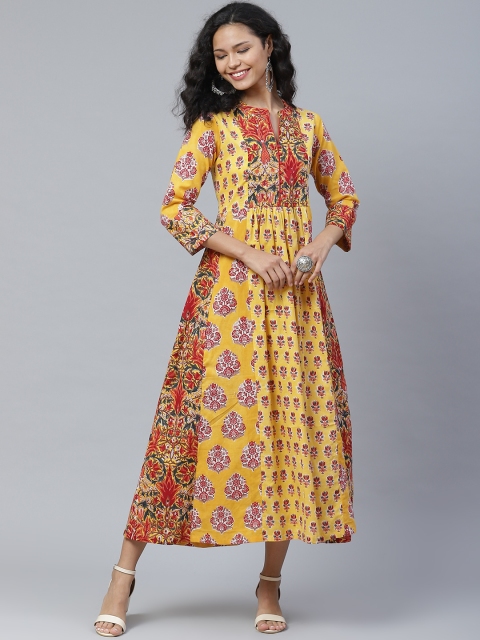 

PINKSKY Women Yellow & Red Printed Cotton Sustainable A-Line Dress