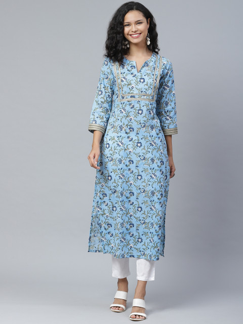 

PINKSKY Women Blue & White Printed Pure Cotton Sustainable Kurta with Trousers