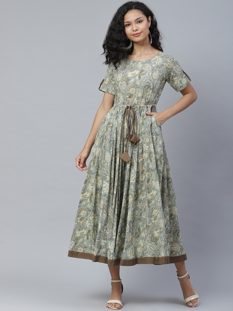 

PINKSKY Women Green & Cream-Coloured Printed Cotton Fit and Flare Dress