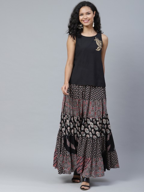

PINKSKY Women Black & Golden Printed Pure Cotton Sustainable Top with Maxi Skirt