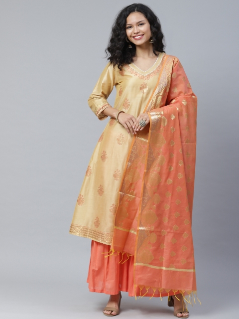 

PINKSKY Women Beige & Coral Pink Printed Sustainable Kurta with Sharara & Dupatta