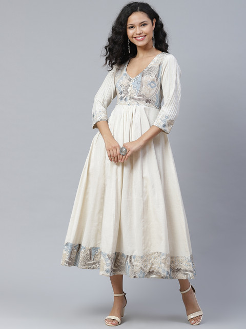 

PINKSKY Women Off-White & Blue Printed Cotton Fit and Flare Dress