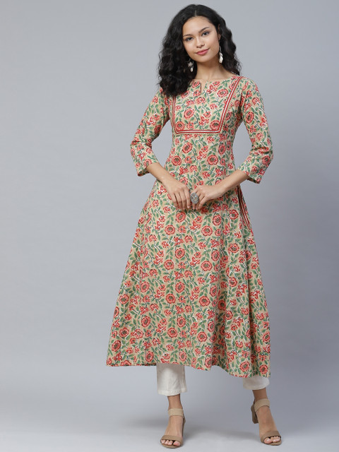 

PINKSKY Women Beige & Off-White Printed Pure Cotton Sustainable Kurta with Trousers