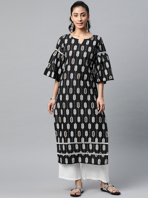 

Yuris Women Black & White Pure Cotton Geometric Printed Bell Sleeves Kurta