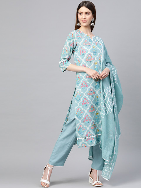

Yuris Women Blue & Pink Printed Kurta with Trousers & Dupatta