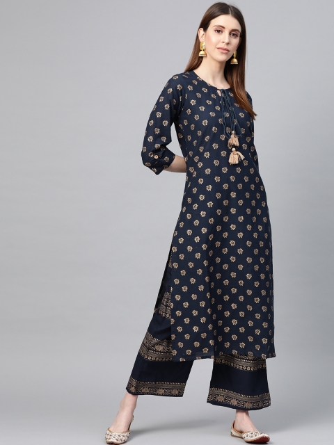 

Yuris Women Navy Blue & Golden Pure Cotton Block Print Kurta with Palazzos