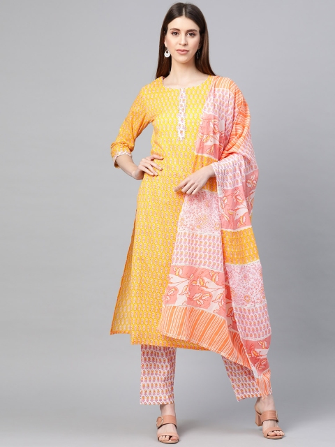 

Yuris Women Yellow & Pink Screen Print Kurta with Trousers & Dupatta