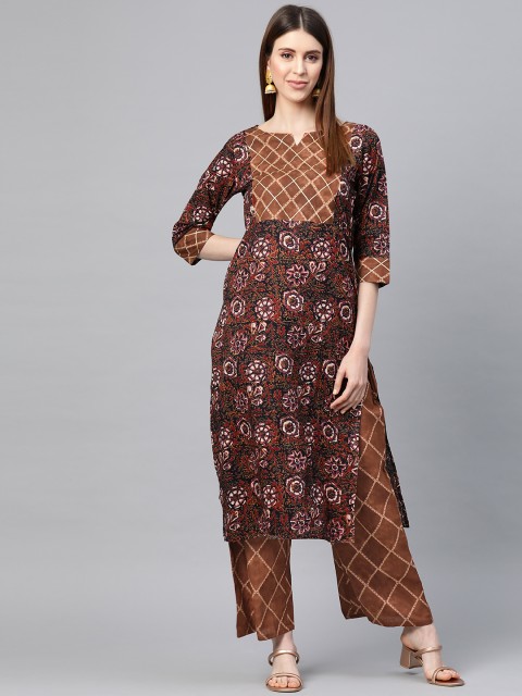 

Yuris Women Navy Blue & Brown Pure Cotton Printed Kurta with Palazzos