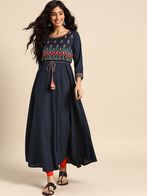 

Rangmayee Women Navy Blue & Red Ethnic Motifs Yoke Design Thread Work Indigo Anarkali Kurta