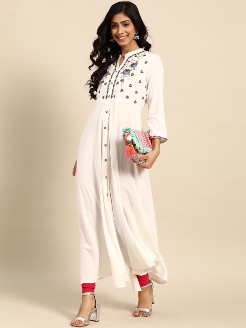 

Rangmayee Women White Floral Yoke Design Thread Work Anarkali Kurta