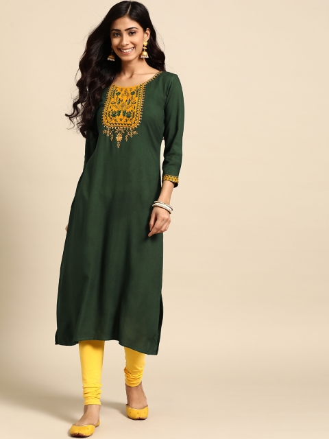 

RANGMAYEE Women Green Ethnic Motifs Yoke Design Thread Work Straight Kurta