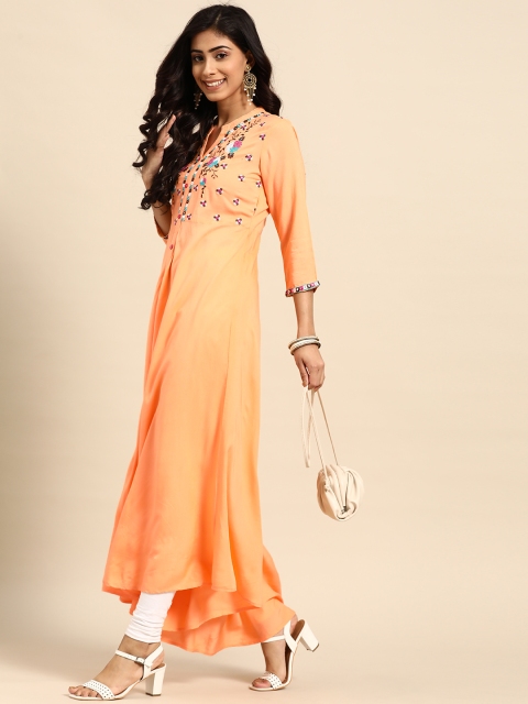 

Rangmayee Women Peach-coloured Floral Yoke Design Thread Work Asymmetric Anarkali Kurta