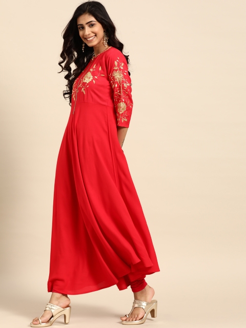 

Rangmayee Women Red & Golden Embroidered Detail Asymmetric Anarkali Kurta