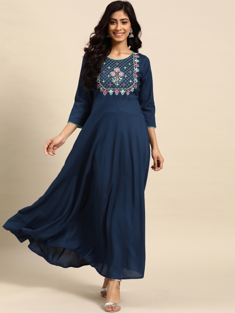 

Rangmayee Women Navy Blue Ethnic Motifs Yoke Design Thread Work Indigo Anarkali Kurta