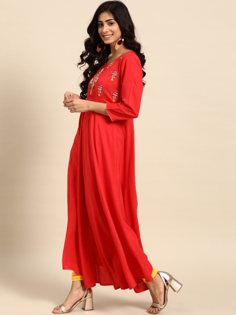 

Rangmayee Women Red Ethnic Motifs Yoke Design Thread Work Anarkali Kurta